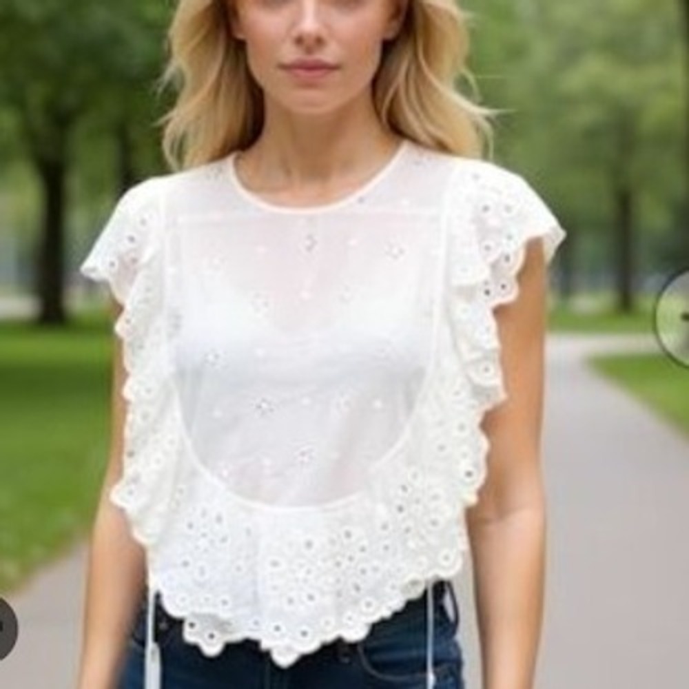 Unsubscribed 100% Cotton‎ Eyelet Ruffle Top Women's Blouse Elegant Boho Chic M